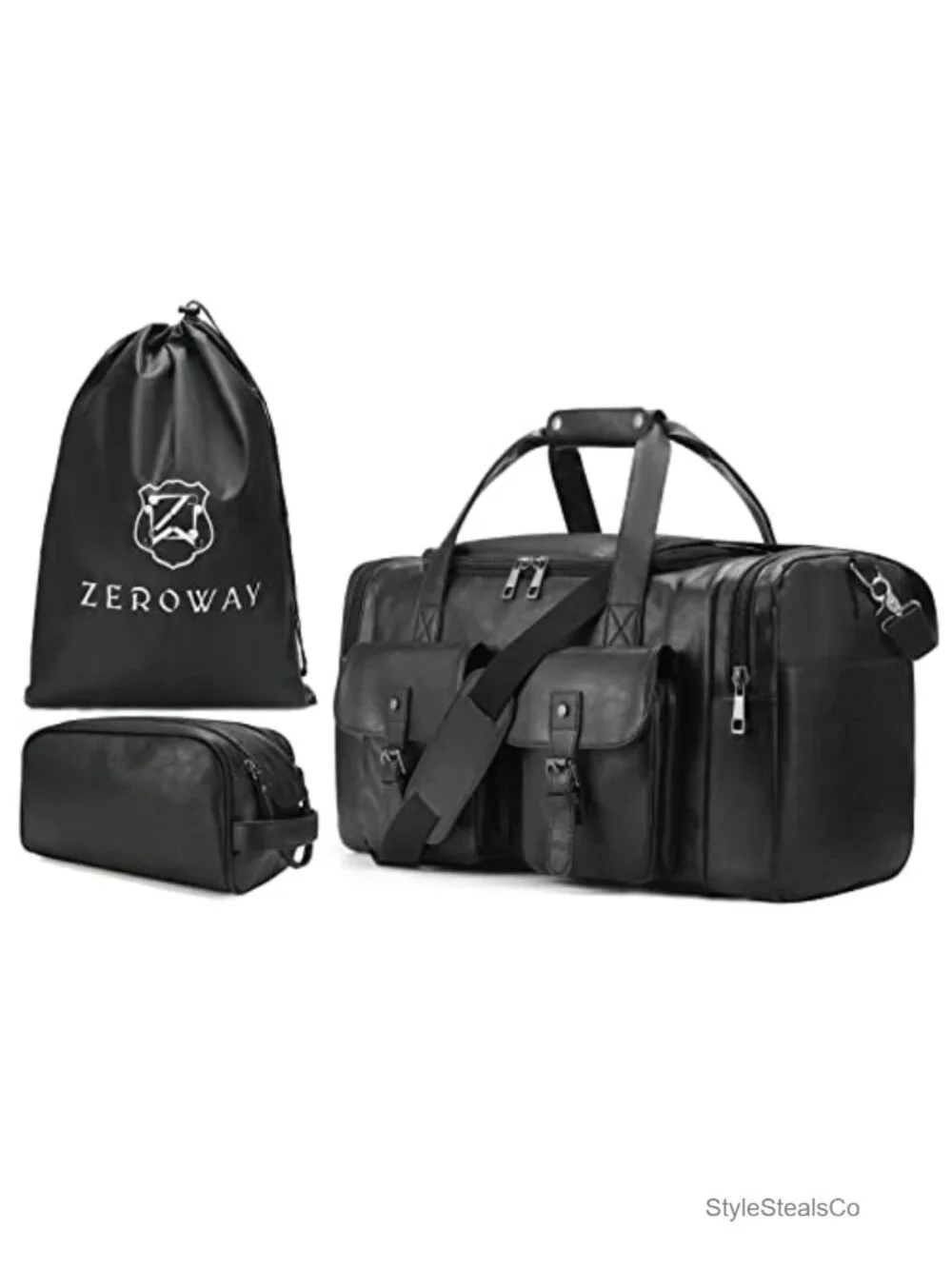 PU Leather Travel Duffel Bag with Toiletry Bag, Laundry Bag & Shoe Pouch